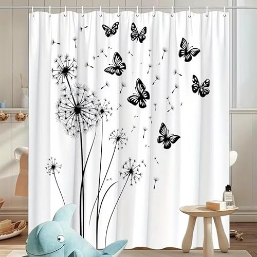 1 Stück schwarz-weißer Duschvorhang mit Löwenzahn-Schmetterling 120x220cm/Breite x Höhe Einfacher Löwenzahn, schwimmend, Polyestergewebe, geeignet für Badezimmer 1 Stück schwarz-weißer Duschvorhang mit Löwenzahn-Schmetterling 120x220cm/Breite x Höhe Einfacher Löwenzahn, schwimmend, Polyestergewebe, geeignet für Badezimmer von EIWAXU