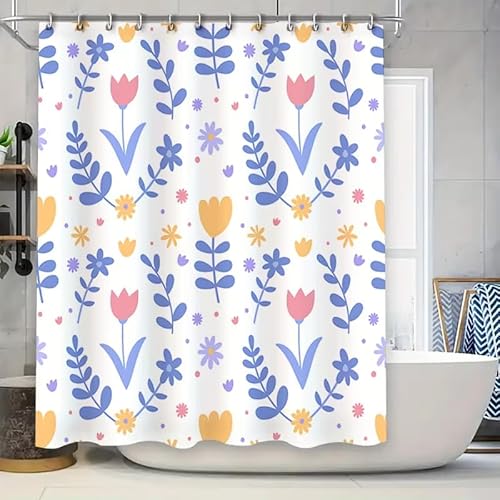 Buntes Blumen-Duschvorhang-Dekor 140x220cm/Breite x Höhe Rosa, Gelb, Blau, Weiß, Blumen-Design für Badewanne, Waterpro Badezimmer-Duschvorhang von EIWAXU