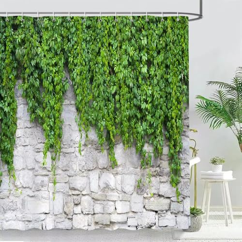 Duschvorhang mit grünen Blättern 90x220cm/Breite x Höhe Vintage Wand Efeublatt Gartenpflanze Bad Vorhänge Set Polyester Stoff Badezimmer mit Haken von EIWAXU