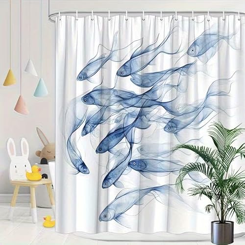 EIN PC Dreamy Blue Fish Duschvorhang 90x160cm/Breite x Höhe Extra Lange Duschvorhänge Badezimmervorhang Digitaldruck mit 12 Haken von EIWAXU