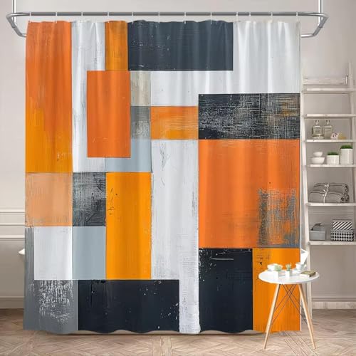 EIWAXU Abstrakter geometrischer Duschvorhang - Orange 160x160cm/Breite x Höhe Schwarz-Weiß-Muster mit Used-Look, modernes Badezimmerdekor, Polyester EIWAXU Abstrakter geometrischer Duschvorhang - Orange 160x160cm/Breite x Höhe Schwarz-Weiß-Muster mit Used-Look, modernes Badezimmerdekor, Polyester von EIWAXU