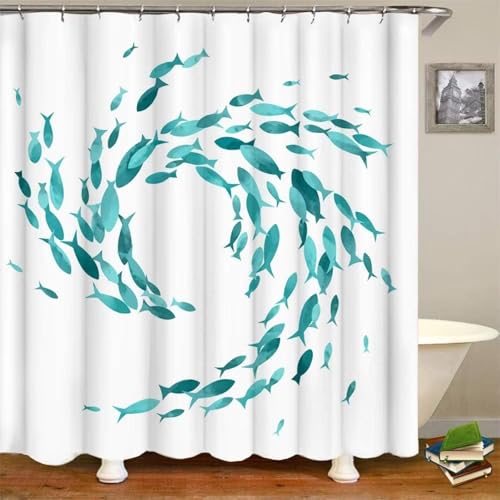 EIWAXU Blaugrüner Duschvorhang mit Fischen, Meereslebewesen, Badezimmer, dekorativer kreativer Stoff-Duschvorhang mit Haken, Türkis 270x210cm/Breite x Höhe EIWAXU Blaugrüner Duschvorhang mit Fischen, Meereslebewesen, Badezimmer, dekorativer kreativer Stoff-Duschvorhang mit Haken, Türkis 270x210cm/Breite x Höhe von EIWAXU