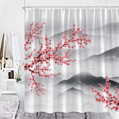 EIWAXU Duschvorhänge mit rosa Sakura-Blumen 170x190cm/Breite x Höhe Moderne Blüten Bäume Blumen rustikalen Garten Landschaft Stoff Druck Badezimmer von EIWAXU