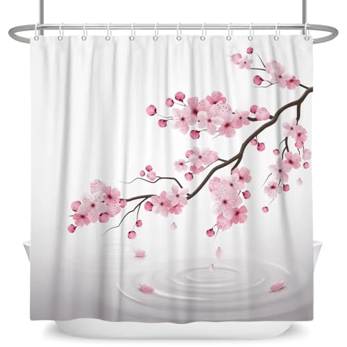 EIWAXU Duschvorhang Kirschblüte 140x190cm/Breite x Höhe Frühlingsrosa fallende Blütenblätter, Heimdekoration, Badvorhänge, wasserdicht, Badewannenabtrennung mit Haken von EIWAXU