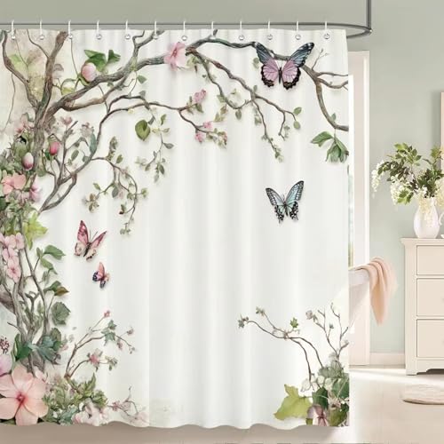 EIWAXU Duschvorhang Schöne Blumen und Schmetterlinge 270x220cm/Breite x Höhe Blauer floral bedruckter Badezimmer-Badvorhang, Heimdekoration, Vorhang mit Haken von EIWAXU