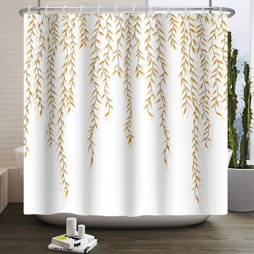 EIWAXU Duschvorhang mit grünen Aquarellblättern 180x198cm/Breite x Höhe Vines Plant Nordic Minimalist Polyester Wasserdichter Badewannenschirm für das Bad zu Hause von EIWAXU