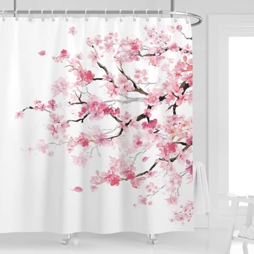 EIWAXU Duschvorhang mit rosa Kirschen 100x190cm/Breite x Höhe Standard-Dusche-Vorhänge mit weißen Blumen, Sakura, Pflaumenblüte, süßes Mädchen, wasserdicht EIWAXU Duschvorhang mit rosa Kirschen 100x190cm/Breite x Höhe Standard-Dusche-Vorhänge mit weißen Blumen, Sakura, Pflaumenblüte, süßes Mädchen, wasserdicht von EIWAXU