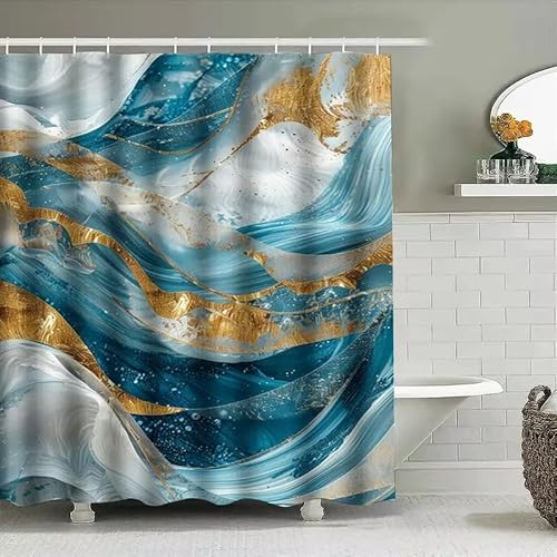 EIWAXU Goldblauer weißer Duschvorhang 180x260cm/Breite x Höhe Stoff Wasserwelle Badezimmer Dekor Druck wasserdichte Heimdekoration EIWAXU Goldblauer weißer Duschvorhang 180x260cm/Breite x Höhe Stoff Wasserwelle Badezimmer Dekor Druck wasserdichte Heimdekoration von EIWAXU