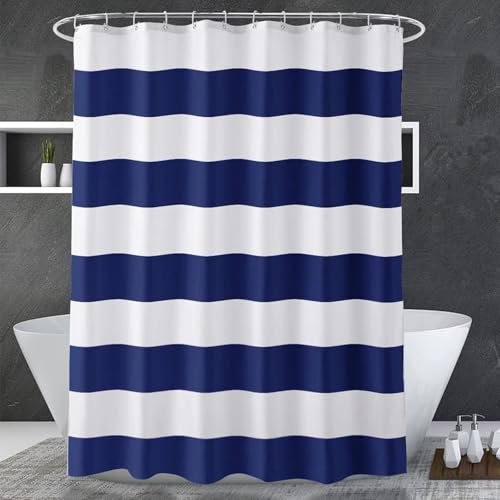 EIWAXU Marineblauer Duschvorhang 180x200cm/Breite x Höhe Streifen Blau und Weiß Stoff Waschbar Duschvorhang für Badezimmer Wasserdicht Bad Vorhang von EIWAXU