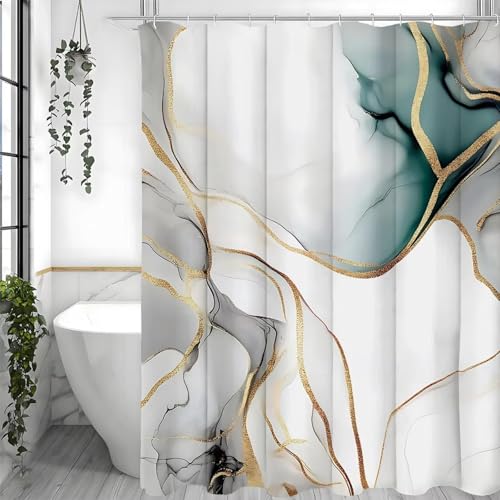 EIWAXU Marmormuster Blau Weiß Grau Gold Duschvorhang, Badezimmer Dekorativer Duschvorhang Wasserfest mit Haken 160x160cm von EIWAXU