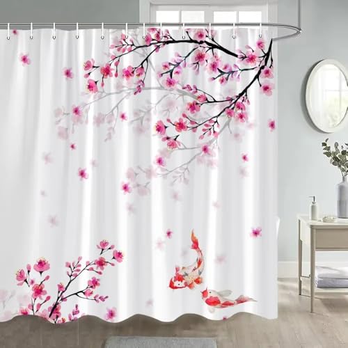 EIWAXU Rosa Blumen Duschvorhänge 110x180cm/Breite x Höhe Kirschblüten-Blumen-Badevorhang im Koi-Stil, Polyesterstoff, Badezimmerdekor mit Haken EIWAXU Rosa Blumen Duschvorhänge 110x180cm/Breite x Höhe Kirschblüten-Blumen-Badevorhang im Koi-Stil, Polyesterstoff, Badezimmerdekor mit Haken von EIWAXU
