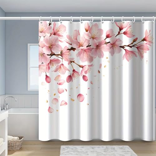 EIWAXU Rosa Duschvorhang Pfirsichblüte Weißer Hintergrund Blumenzweig Muster Bedruckter Duschvorhang 80x138cm/Breite x Höhe Polyestergewebe mit Haken EIWAXU Rosa Duschvorhang Pfirsichblüte Weißer Hintergrund Blumenzweig Muster Bedruckter Duschvorhang 80x138cm/Breite x Höhe Polyestergewebe mit Haken von EIWAXU