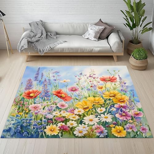 EIWAXU Waschbarer Teppich mit pastoralem Blumenmuster, Wildblumen-Gänseblümchen-Teppiche, rutschfeste große Teppiche für das Wohnzimmer, Schlafzimmer, weiche Kurzflor-Teppichmatte 60x90cm/24x35in von EIWAXU