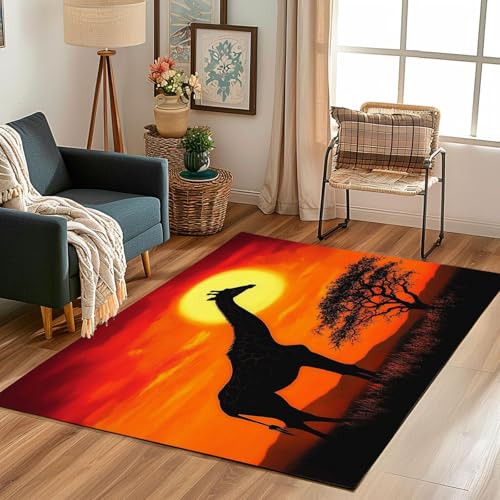 Giraffe Sonnenuntergang Waschbarer Teppich Afrika Wiese Wildtier Teppiche Wohnzimmer rutschfeste Große Teppiche Schlafzimmer Kurzflor Teppichmatte 250x260cm/98x102in von EIWAXU
