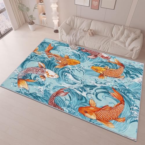 Wellen Karpfen Weicher Kurzflor Waschbar Rutschfester, Blau Orange Teppich für Schlafzimmer Kinderzimmer zur Dekoration Wohnzimmer 80x100cm/31x39in von EIWAXU