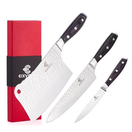 EIXVEYU Küchenmesser Set,Metzgermesser Kochmesser und Obstmesser 3-teiliges Set,Professionelles Küchenmesser, Geschmiedet-Gemüsemesser Fleischmesser Schälmesser, Holzgriff,Geschenkbox von EIXVEYU