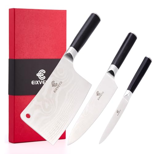 EIXVEYU Küchenmesser Set,Metzgermesser Kochmesser und Obstmesser 3-teiliges Set,Professionelles Küchenmesser,Damaskus-Muster-Gemüsemesser Fleischmesser Schälmesser, Holzgriff,Geschenkbox von EIXVEYU