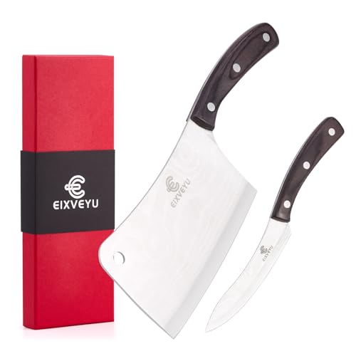 EIXVEYU Küchenmesser Set,Metzgermesser und Obstmesser 2-teiliges Set,Professionelles Kochmesser Küchenmesser Hackmesser,Damaskus-Muster-Gemüsemesser Schälmesser, Holzgriff,Geschenkbox von EIXVEYU