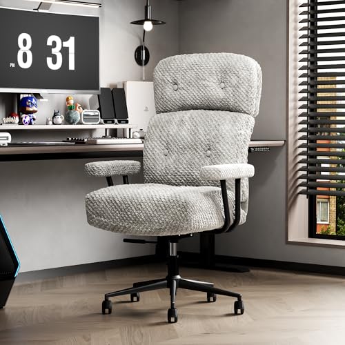 EIZIMZVU Ergonomischer Bürostuhl mit verstellbarer Kopfstütze und Fußstütze, hohe Rückenlehne, Schreibtischstuhl mit Gestängearmlehnen, Chefdrehstuhl (Cordstoff, Hellgrau) von EIZIMZVU