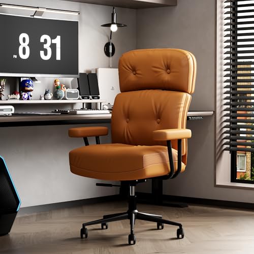 EIZIMZVU Ergonomischer Bürostuhl mit verstellbarer Kopfstütze und Fußstütze, hohe Rückenlehne, Schreibtischstuhl mit Gestängearmlehnen, Chefdrehstuhl (Kunstleder, Orange) von EIZIMZVU