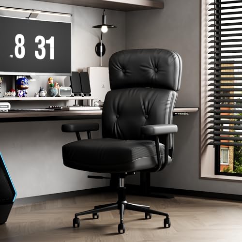 EIZIMZVU Ergonomischer Bürostuhl mit verstellbarer Kopfstütze und Fußstütze, hohe Rückenlehne, Schreibtischstuhl mit Gestängearmlehnen, Chefdrehstuhl (Kunstleder, Schwarz) von EIZIMZVU