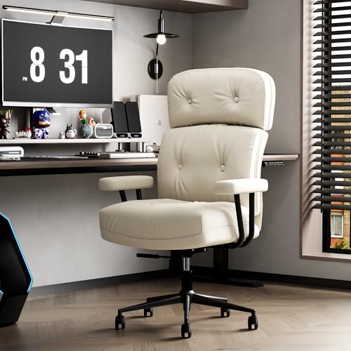 EIZIMZVU Ergonomischer Bürostuhl mit verstellbarer Kopfstütze und Fußstütze, hohe Rückenlehne, Schreibtischstuhl mit Gestängearmlehnen, Chefdrehstuhl (Kunstleder, Weiß) von EIZIMZVU