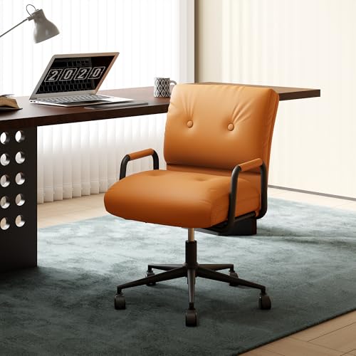 EIZIMZVU Ergonomischer Bürostuhl mit verstellbarer Kopfstütze und Fußstütze, hohe Rückenlehne, Schreibtischstuhl mit Gestängearmlehnen, Chefdrehstuhl (Leder, Orange) von EIZIMZVU