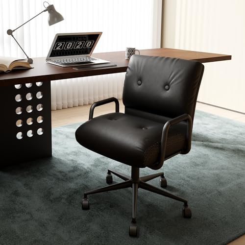 EIZIMZVU Ergonomischer Bürostuhl mit verstellbarer Kopfstütze und Fußstütze, hohe Rückenlehne, Schreibtischstuhl mit Gestängearmlehnen, Chefdrehstuhl (Leder, Schwarz) von EIZIMZVU