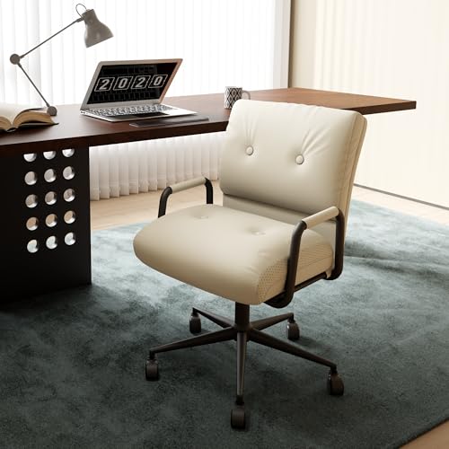 EIZIMZVU Ergonomischer Bürostuhl mit verstellbarer Kopfstütze und Fußstütze, hohe Rückenlehne, Schreibtischstuhl mit Gestängearmlehnen, Chefdrehstuhl (Leder, Weiß) von EIZIMZVU