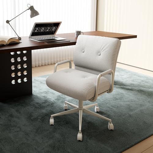 EIZIMZVU Ergonomischer Bürostuhl mit verstellbarer Kopfstütze und Fußstütze, hohe Rückenlehne, Schreibtischstuhl mit Gestängearmlehnen, Chefdrehstuhl (Stoffe, Weiß) von EIZIMZVU