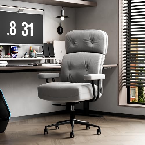 EIZIMZVU Ergonomischer Bürostuhl mit verstellbarer Kopfstütze und Fußstütze, hohe Rückenlehne, Schreibtischstuhl mit Gestängearmlehnen, Chefdrehstuhl (hautfreundlicher Stoff, Grau) von EIZIMZVU