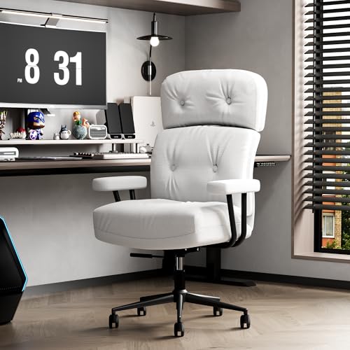 EIZIMZVU Ergonomischer Bürostuhl mit verstellbarer Kopfstütze und Fußstütze, hohe Rückenlehne, Schreibtischstuhl mit Gestängearmlehnen, Chefdrehstuhl (hautfreundlicher Stoff, Weiß) von EIZIMZVU