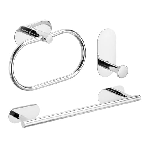 EJUOYO Griffstangen für das Bad Kein Bohren Edelstahl Handtuch Bar Papier Halter Selbst-Adhesive Handtuch Ring Robe Badezimmer Zubehör Set Haushaltswaren(Sliver 3pcs Set B) von EJUOYO