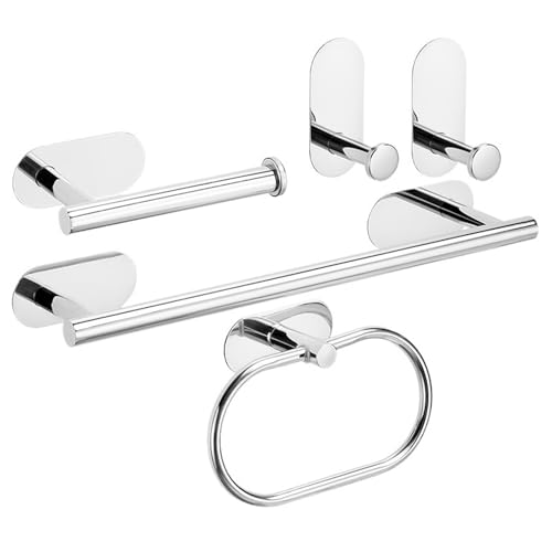 EJUOYO Griffstangen für das Bad Kein Bohren Edelstahl Handtuch Bar Papier Halter Selbst-Adhesive Handtuch Ring Robe Badezimmer Zubehör Set Haushaltswaren(Sliver 5pcs Set) von EJUOYO