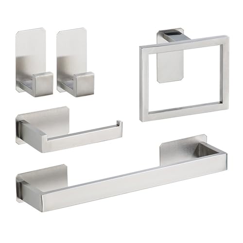 EJUOYO Griffstangen für das Bad Selbstklebende Silberne Badezimmer-Hardware-Zubehör-Set Toilettenpapierhalter Handtuchhalter Haken Badezimmer-Zubehör Haushaltswaren(Silver 5pcs Set A) von EJUOYO