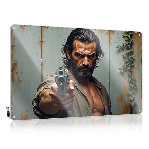 Blechschild mit Aufschrift "Man With Gun Points Directly At Viewer In Rustic Setting", Blechschild, Zimmertürschild, Barschilder für Männerhöhle, 20 x 30 cm Blechschild mit Aufschrift "Man With Gun Points Directly At Viewer In Rustic Setting", Blechschild, Zimmertürschild, Barschilder für Männerhöhle, 20 x 30 cm von EJXN