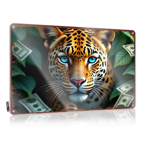 Blechschild mit Jaguar im Dschungel: Ein lebendiges Porträt mit Dollarscheinen, lustiges Outdoor-Schild, lustige Campingschilder, 30 x 40 cm von EJXN