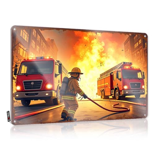 Büro-Blechschild, Feuerwehrmann, Kampf, Blaze in urbaner Notfallszene, Blechschild, Hinterhof, Bar, Schild (20 x 30 cm) von EJXN