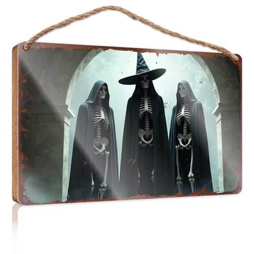 Büro-Türschilder, lustige drei Skelette in Umhängen stehend unter einem Torbogen, Holzschild, für Zuhause, Tür, zum Aufhängen, lustige Schilder für Bar (15 x 28 cm) von EJXN