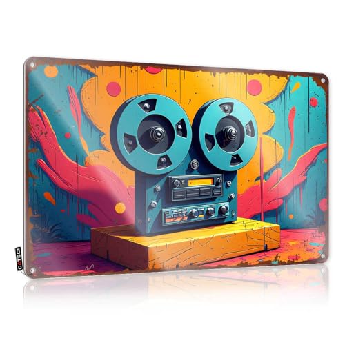 Decor Signs Vibrant Retro Tape Recorder Against Abstract Background Blechschild Hot Beer Blechschild Bar Spiegel für Männerhöhle (30 x 40 cm) von EJXN