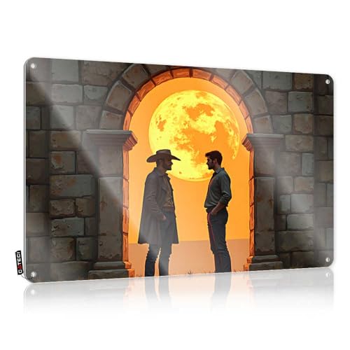 Dekorative Barschilder mit Aufschrift "Two Men Stand Before A Giant Orange Moon In A Stone Torbogen", Blechschild, Männerhöhle, Dekoration, lustige Raumschilder (20 x 30 cm) von EJXN