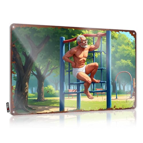 Lustiges Posterschild "Muscular Senior In Park", Workout-Routine, Blechschild, Zimmertür-Dekoration, Outdoor, Barschilder (20 x 30 cm) von EJXN