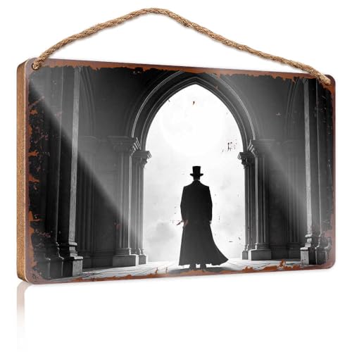 Lustiges Schlafzimmer-Dekor, Silhouette eines Gentleman im Zylinder, der vor einem gewölbten und hölzernen Schild steht, Spielzimmer-Dekoration, Bauernhaus-Dekorationen (23 x 35 cm) von EJXN