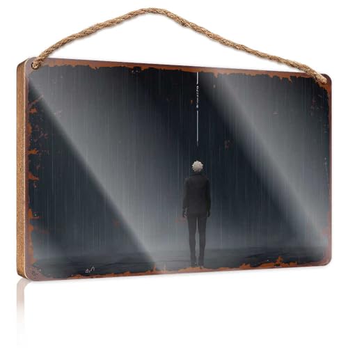 Schild zum Aufhängen, stille Figur im Regen: Ein geheimnisvolles Porträt, Holzschild, Vintage-Raumdekoration, Schreibtischzubehör für Männer (15 x 28 cm) von EJXN