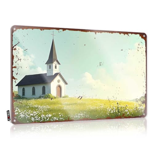 Schilder für Schlafzimmer, Tür, friedliche ländliche Szene mit weißer Kirche inmitten von Wildblumen, Blechschild, Männerhöhle, Blechschild, Garagenschilder, lustig (20 x 30 cm) von EJXN