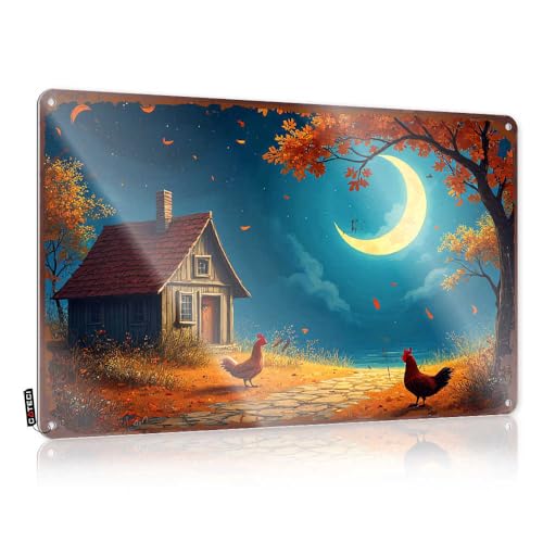 Schlafzimmertür-Dekoration, Herbstabend im Holzhaus mit Hahnen, Blechschild, Bierdekoration, Zimmertür-Dekoration (30 x 40 cm) von EJXN