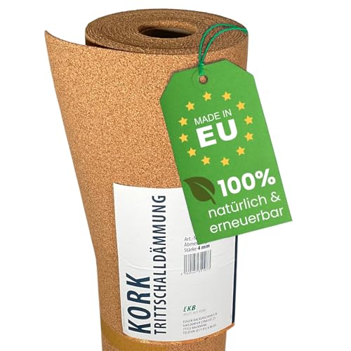 EKB-Kork Trittschalldämmung 10x1m 4mm stark natürliche Dämmunterlage für Parkett und Laminat von EKB-Kork