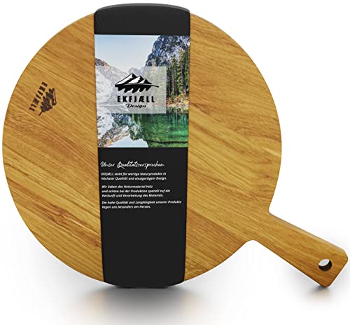 EKFJAELL Premium Pizzabrett Eiche 40x30x2 cm - Ca. 30 cm Durchmesser Mit Griff, Antibakteriell & Sonnenblumenölbeschichtet, Pizza Schneidebrett Rund, Jausenbrett Holz von EKFJAELL