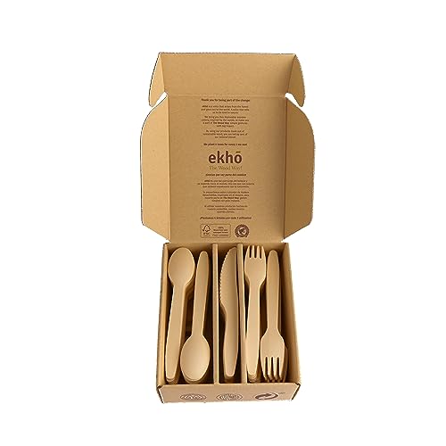 ekho The Wood Way! – Einwegbesteck Holz | 100 Stück Einwegbesteck aus nachhaltigem Holz | 40 Gabeln + 40 Löffel + 20 Messer | Camping Besteck kompostierbar und Biodegradierbar von EKHO THE WOOD WAY