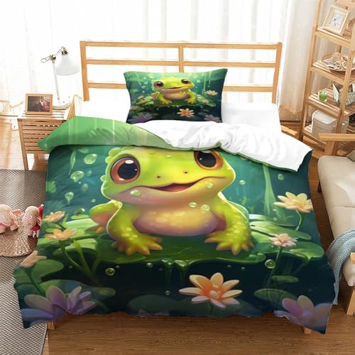 EKIDAZ Cartoon-Frosch Kinder Bettwäsche 3D Print AI Animals Betten Set Bettwäsche Set Microfaser Qualität Bettbezug Mit Kissenbezug 3 Teilig Sets Single（135x200cm） von EKIDAZ